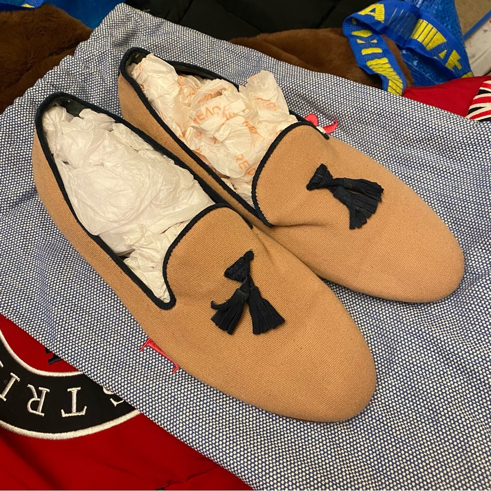 Rönner Design Tan and Navy Canvas Mimosa Smoking Slippers 37/7